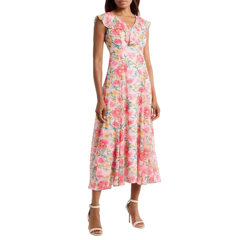 WAYF Ruffle Godet Midi Dress Pink Red Poppies Floral Chiffon Medium